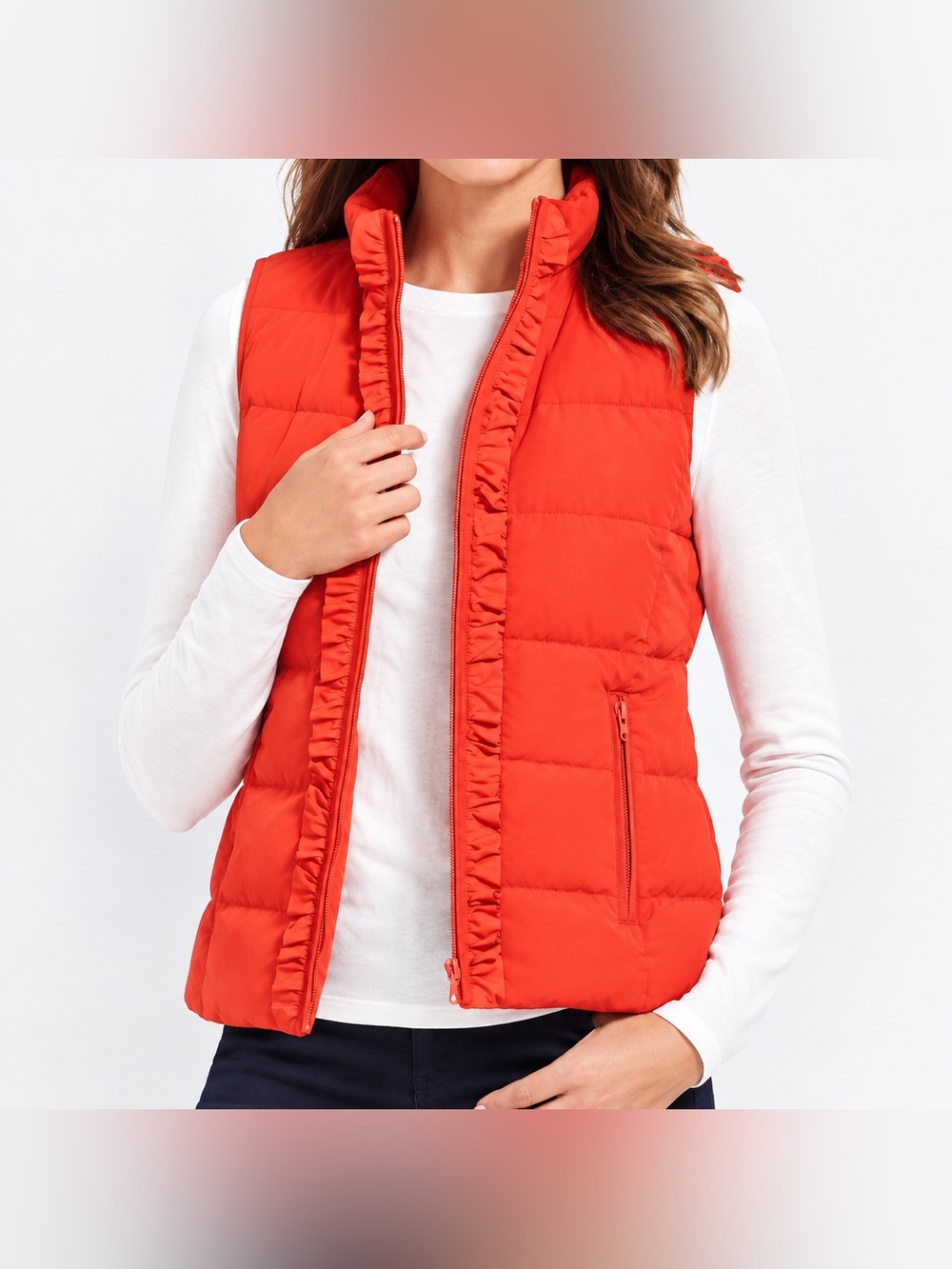 Talbot’s Orange Ruffle-Trim Puffer Vest